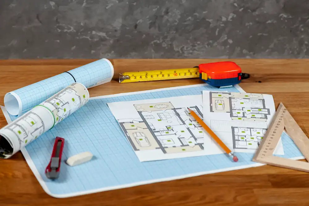 Residential site plan and property project documents on a table