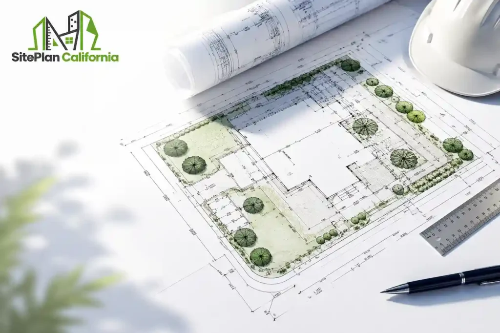 California site plan showing property layout, building footprint, setbacks, landscaping, and dimensions