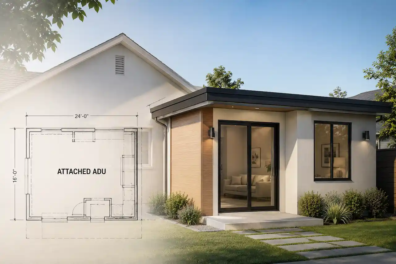 Attached ADU in California showing home addition and floor plan — illustrative example for California ADU permit requirements