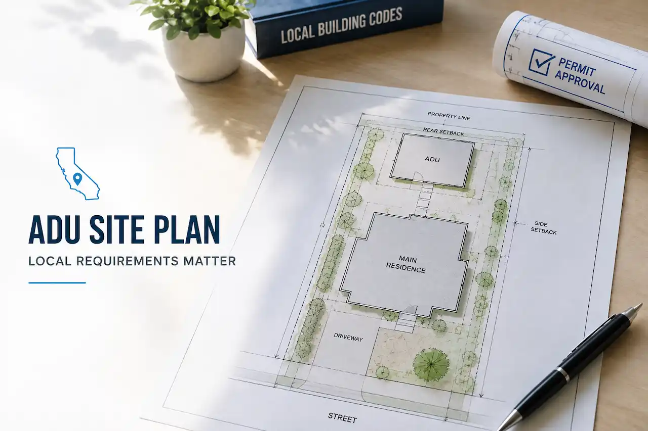 ADU site plan showing local setback and property requirements in California — illustrative example for California ADU permit requirements