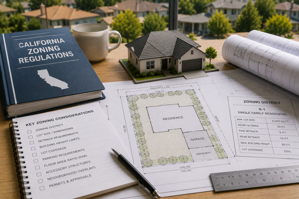 California zoning rules and residential site plan showing property setbacks, garage placement, and building requirements