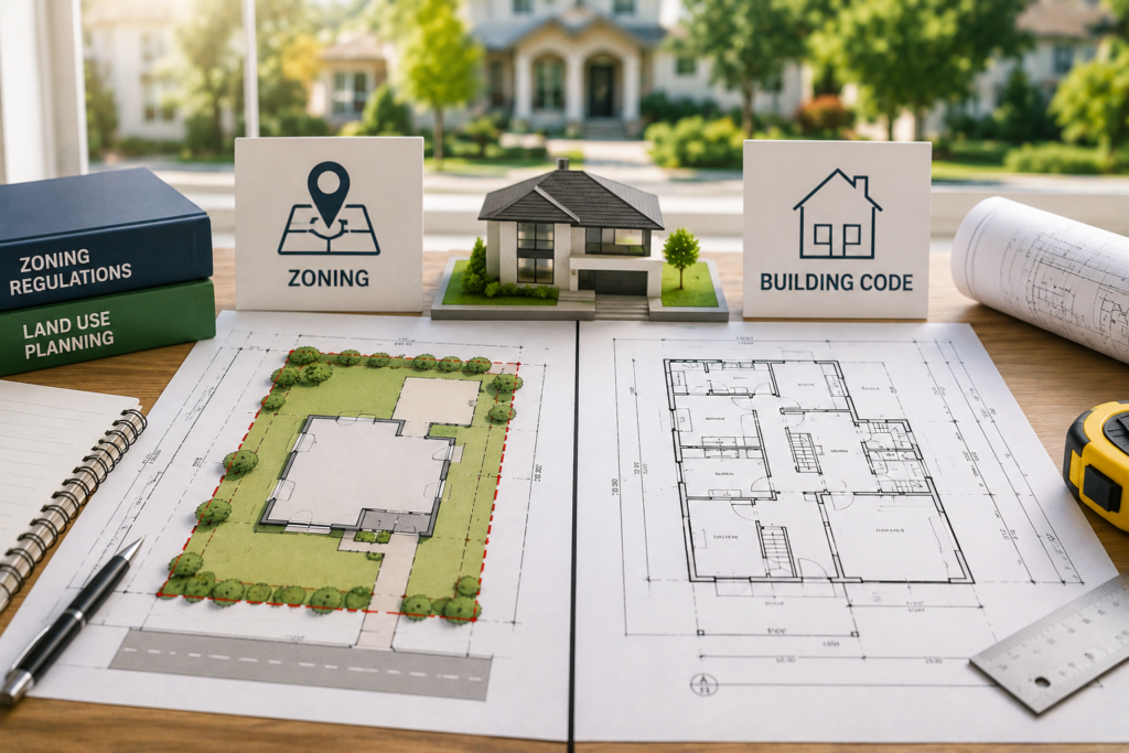 Zoning site plan and building code construction drawings showing the difference between land use and building requirements