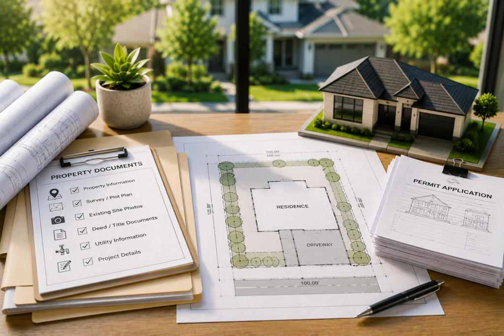 Property documents, survey information, site plan, and permit paperwork prepared before ordering a site plan