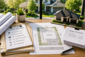 Property documents, survey information, site plan, and permit paperwork prepared before ordering a site plan