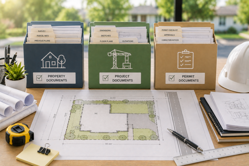 Organized property, project, and permit documents prepared for faster site plan drafting