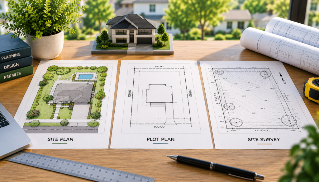Comparison of a site plan, plot plan, and site survey showing their different property planning details
