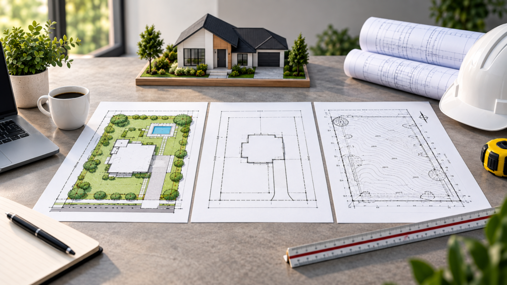 Site plan, plot plan, and site survey documents for different property projects