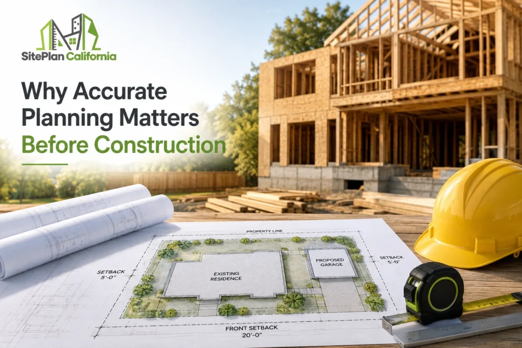 Accurate site planning before construction showing setbacks, property lines, and proposed garage in California