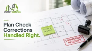 Building plans with plan check corrections and revision notes for California permit resubmission
