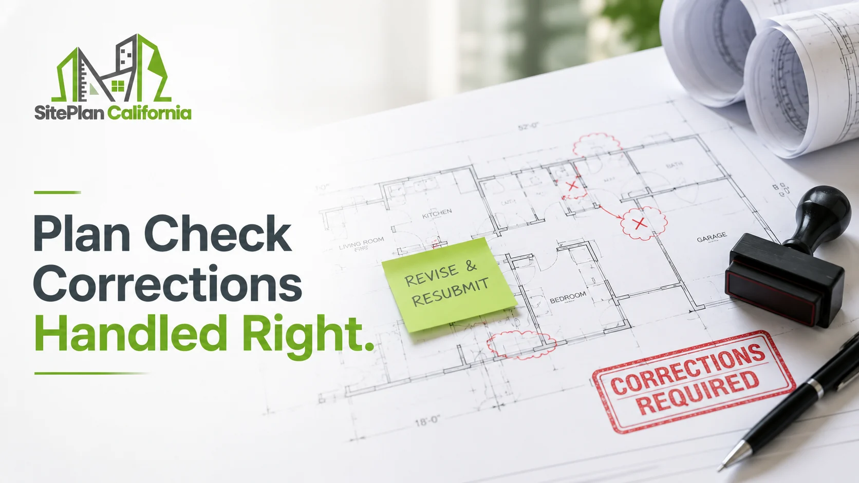 California construction drawings under plan-check review with revision notes