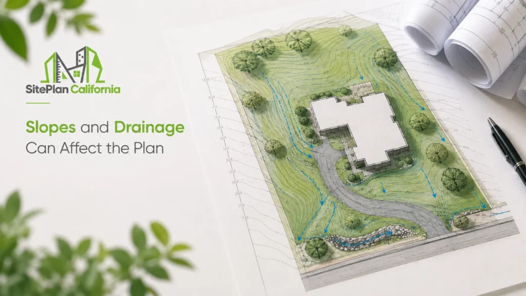 California pool site plan requirements showing slopes, drainage paths and residential site layout