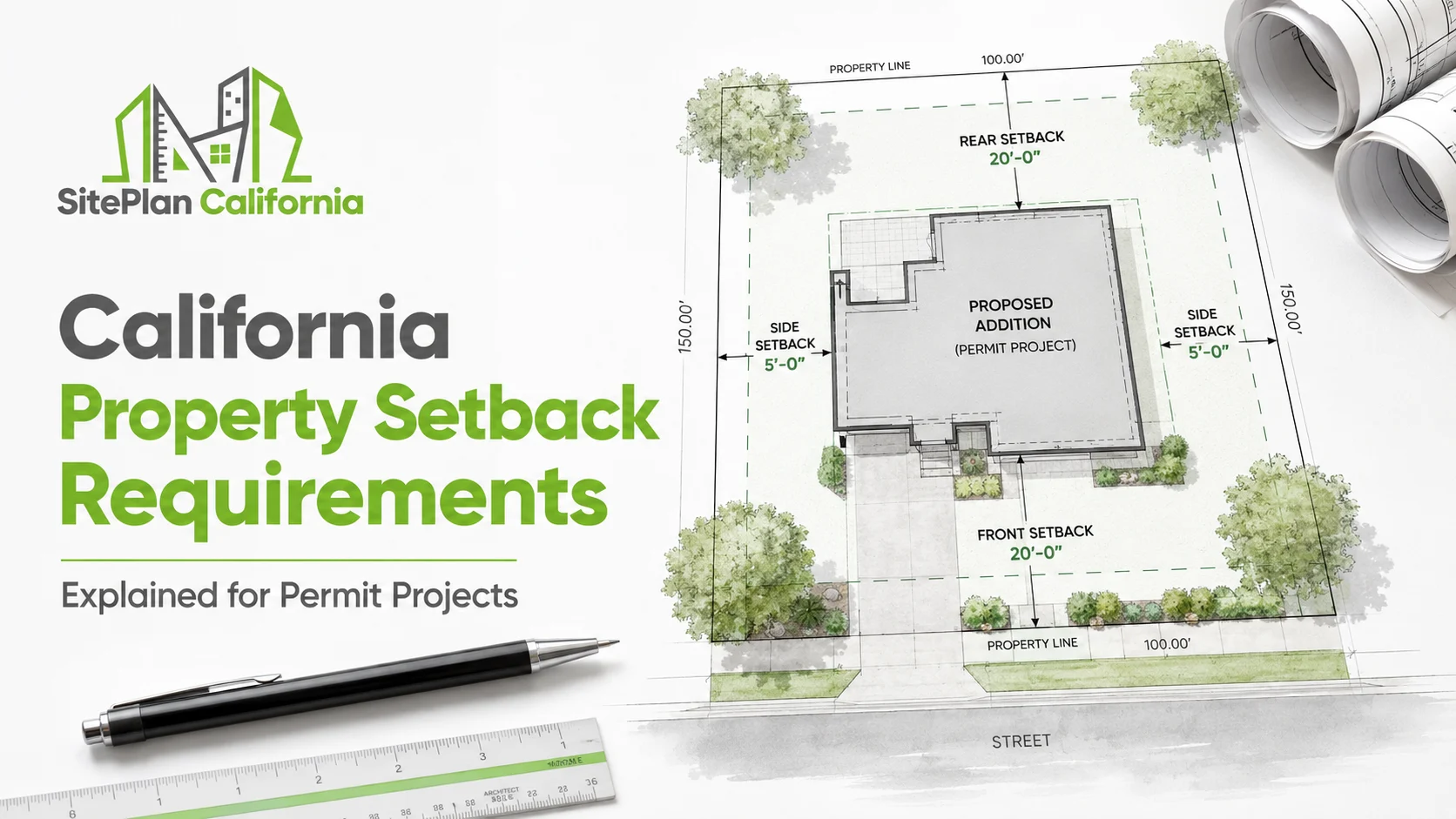 Property setback lines shown on conceptual California residential site plan