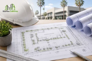 Commercial site plan for a California property showing a commercial building, parking area, landscaping, and property boundaries