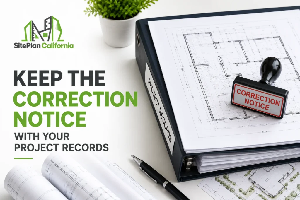 Correction notice kept with project records, architectural plans, and SitePlan California branding