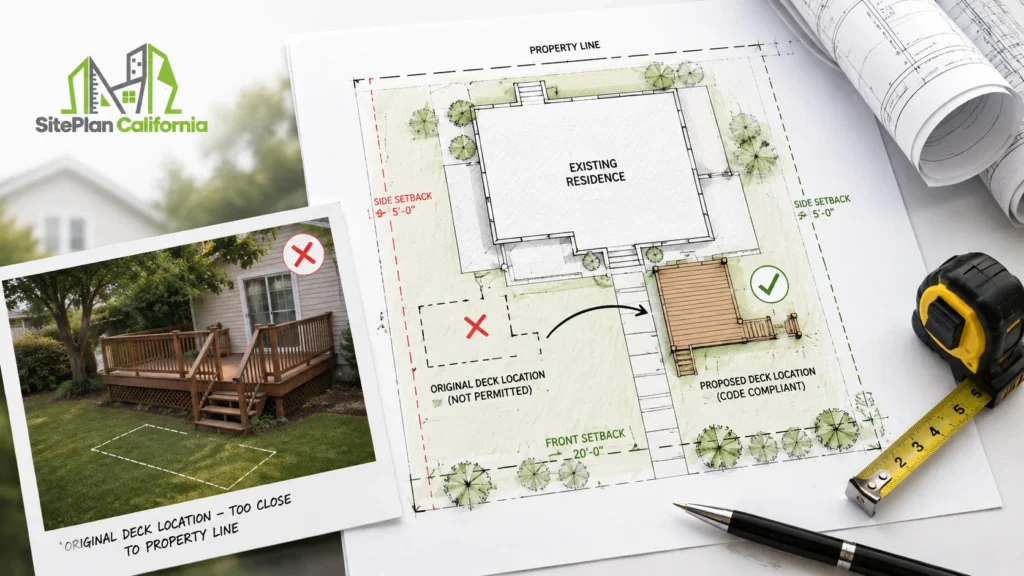 Deck permit site plan showing a deck moved to meet California setback requirements