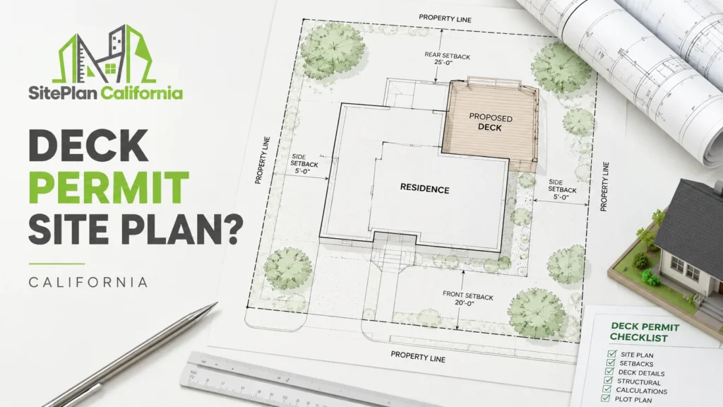 Deck permit site plan showing proposed deck, setbacks, and property lines in California