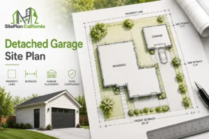Detached garage site plan showing property lines, setbacks, and garage placement in California