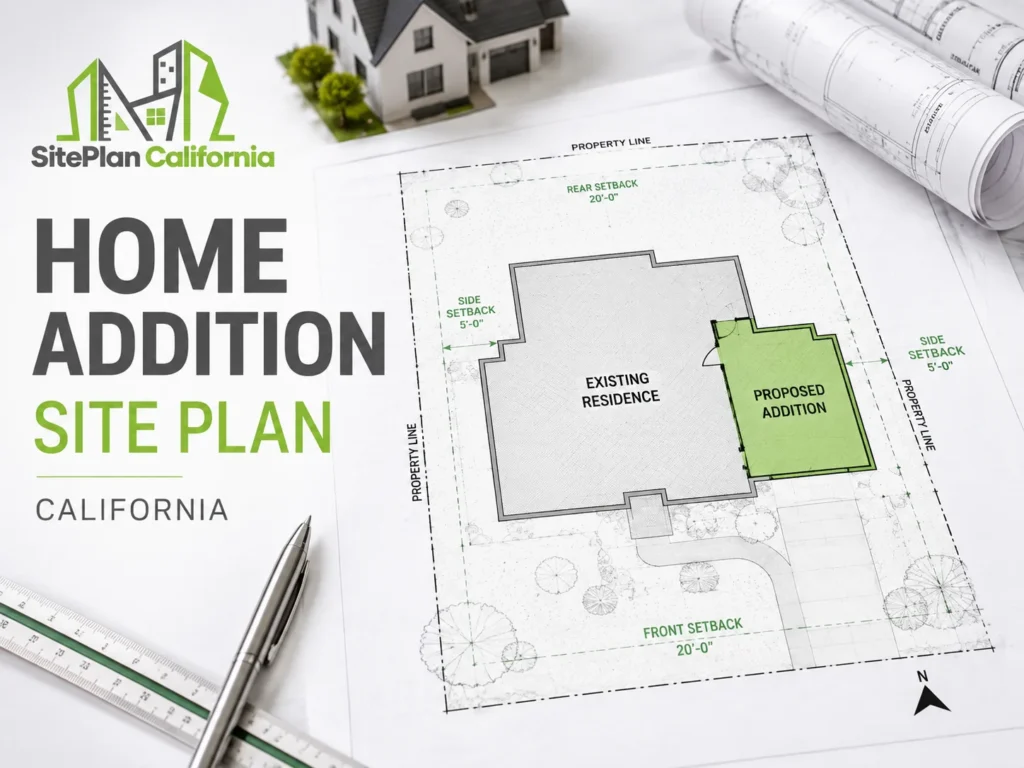 Home addition site plan showing proposed addition, setbacks, and property lines in California