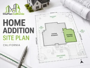 Home addition site plan showing proposed addition, setbacks, and property lines in California