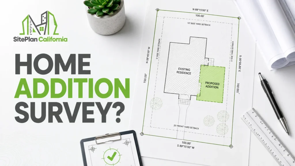 Home addition survey showing property boundaries, setbacks, and proposed addition in California