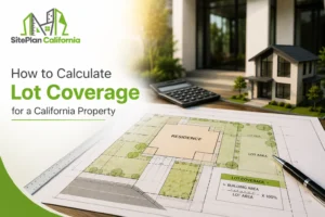 How to calculate lot coverage for a California property using a site plan and building area calculation