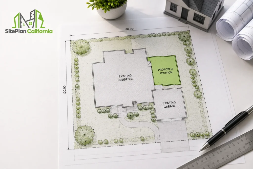 Lot coverage calculation site plan showing an existing residence, garage, and proposed addition on a California property