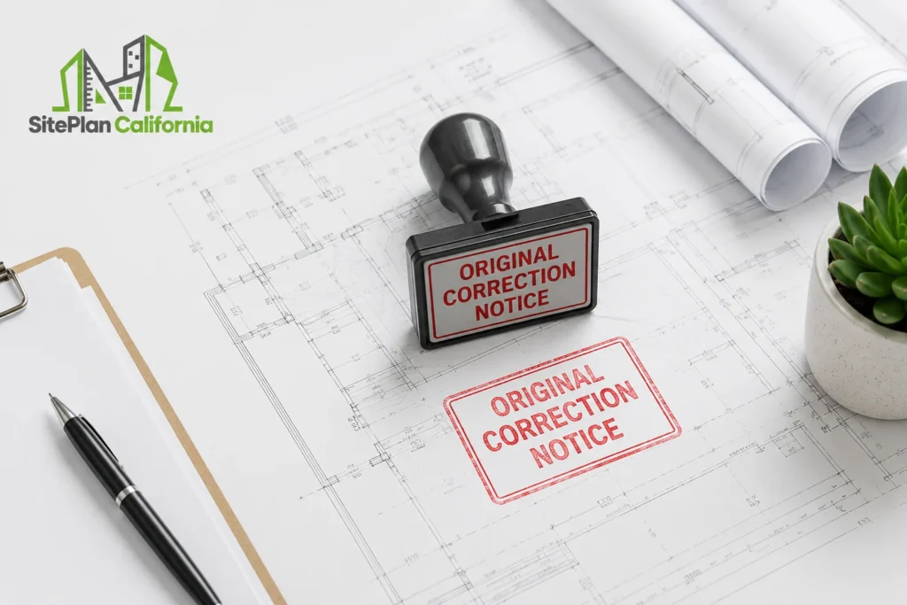 Original correction notice stamp on an architectural site plan with SitePlan California branding