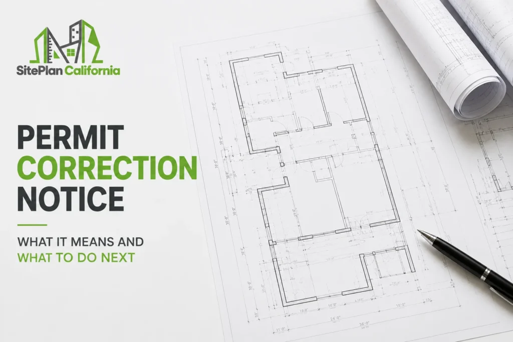 Permit correction notice guide with architectural floor plans and SitePlan California branding