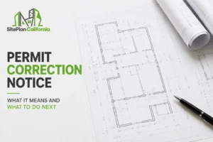 Permit correction notice guide with architectural floor plans and SitePlan California branding