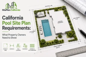 Pool site plan showing property lines, setbacks, pool location, and equipment in California