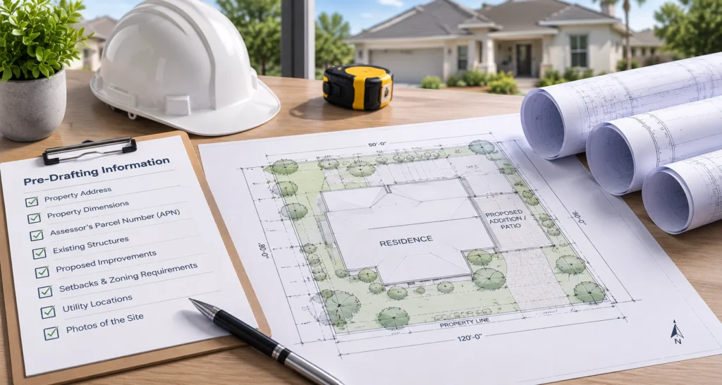 Pre-drafting information checklist with a residential site plan, property details, and architectural drawings