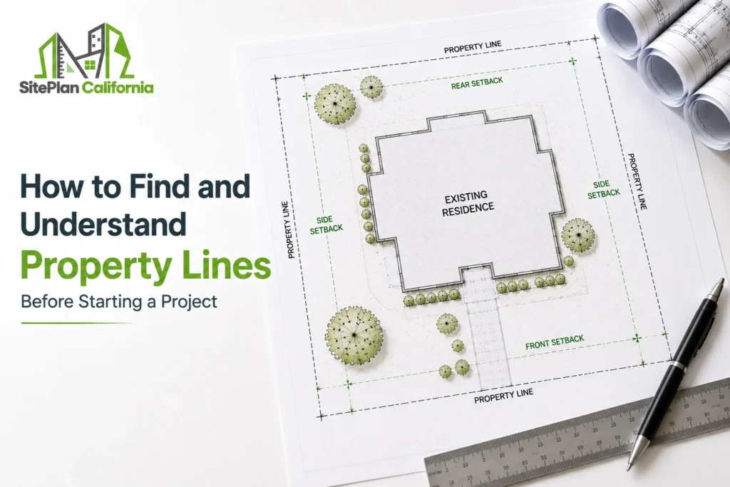 Property lines shown on a residential site plan before starting a construction project