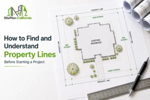 Property lines shown on a residential site plan before starting a construction project