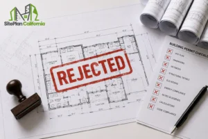 Rejected building permit plans with a checklist showing common planning issues in California