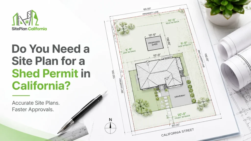 Shed permit site plan California showing proposed shed, setbacks, property lines and residential layout