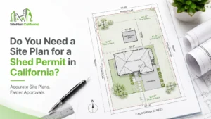 Shed permit site plan California showing proposed shed, setbacks, property lines and residential layout