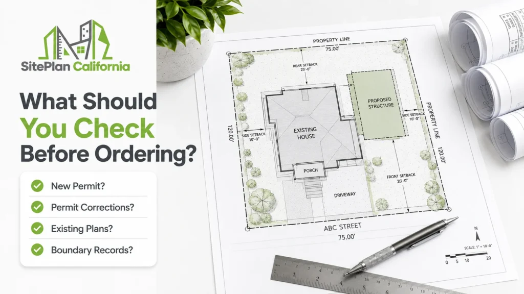 Site plan preparation checklist showing permits, existing plans, and boundary records