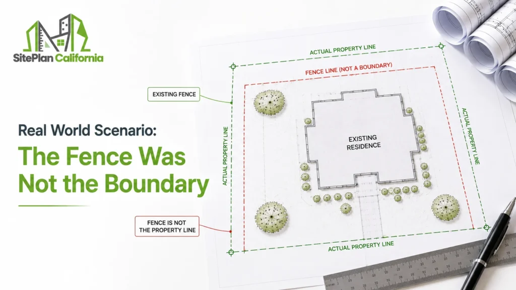 Site plan showing a fence that does not match the actual property lines of a residential property