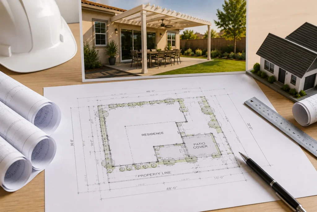 Site plan showing a patio cover attached to a residence with property lines and dimensions in California