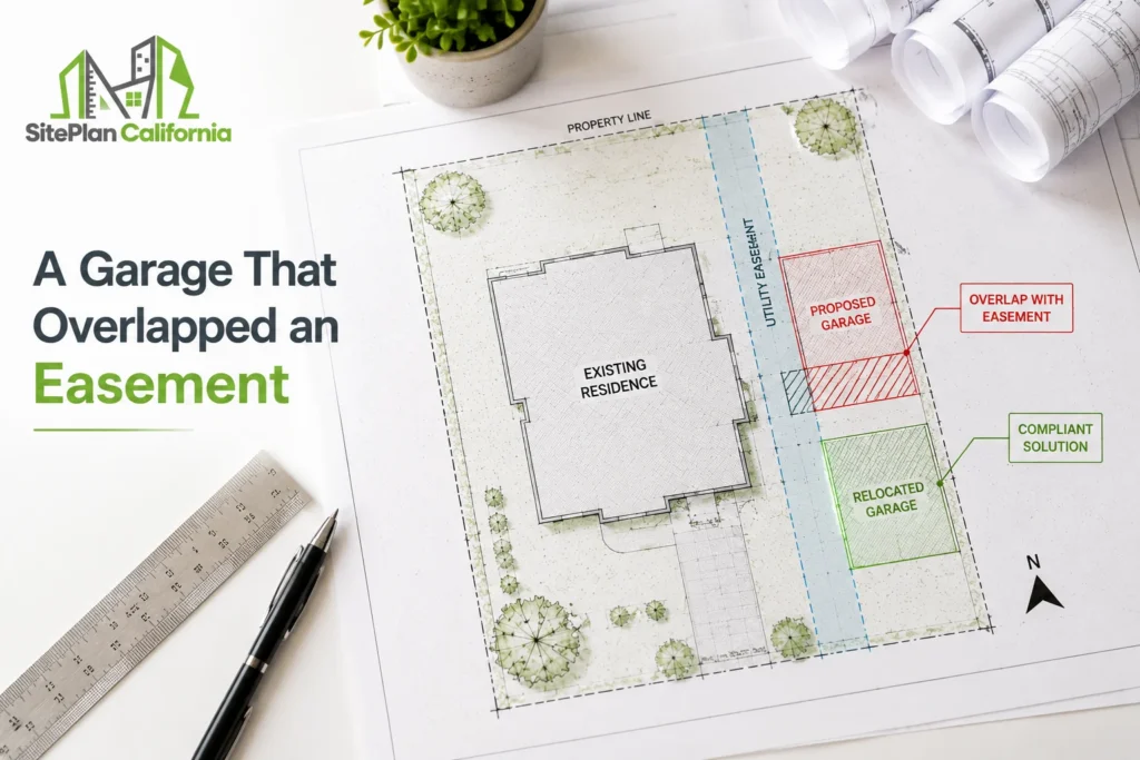 Site plan showing a proposed garage overlapping a utility easement on a residential property