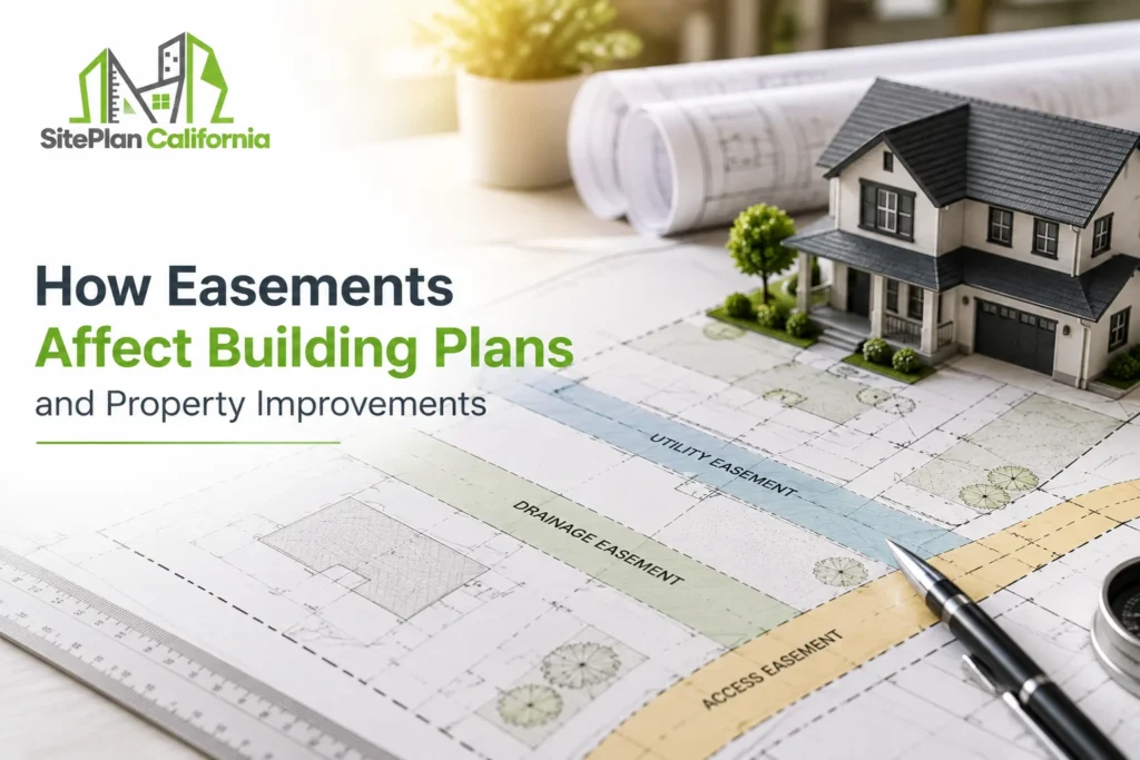 Site plan showing how easements affect building plans and property improvements in California