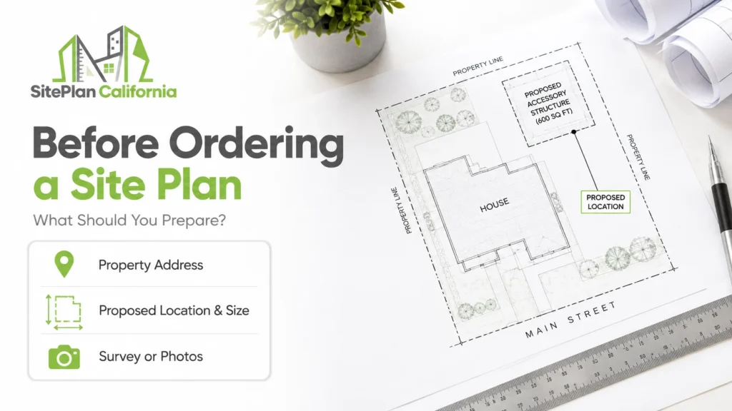 What to prepare before ordering a site plan including property address, location, and survey