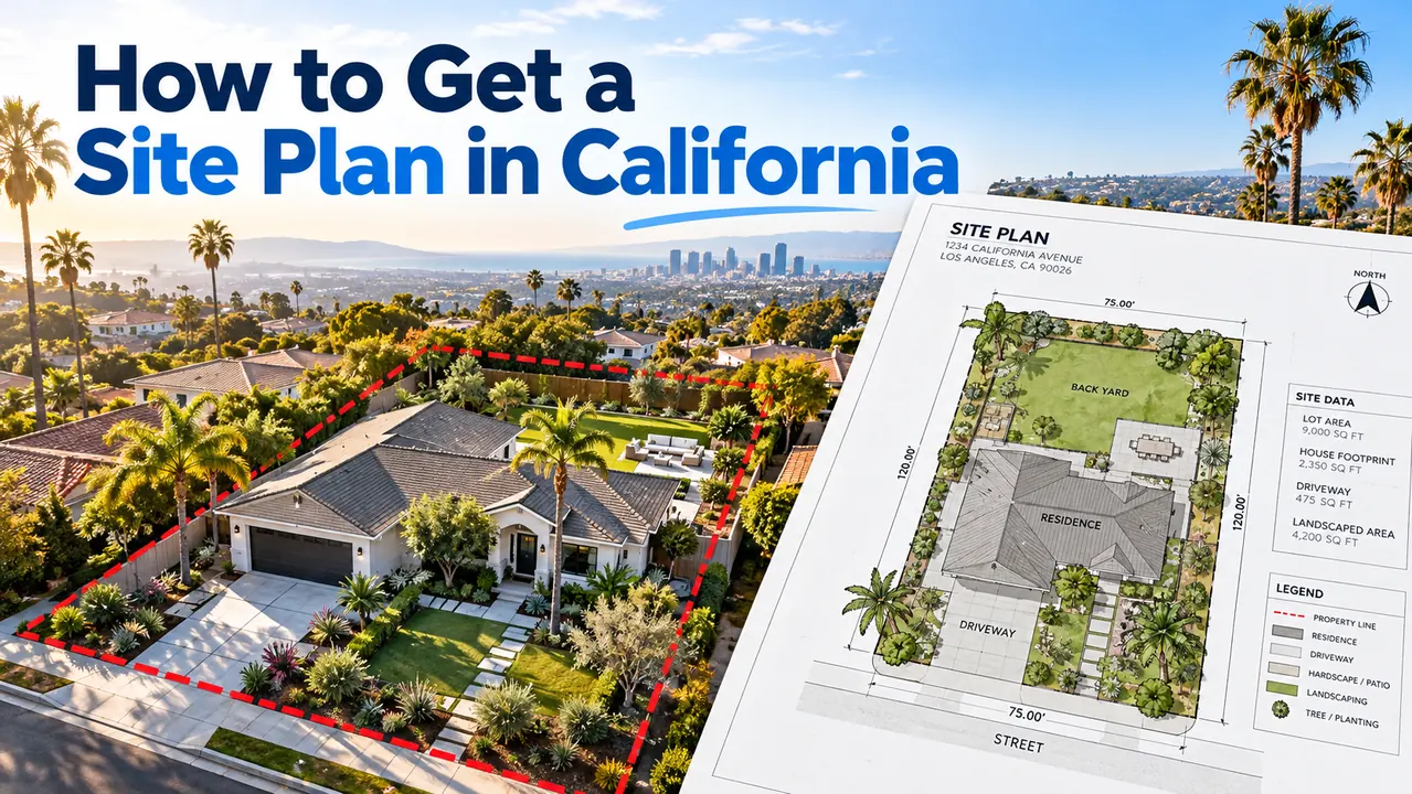 Illustrative California residential property with conceptual site plan overlay; not a surveyed property