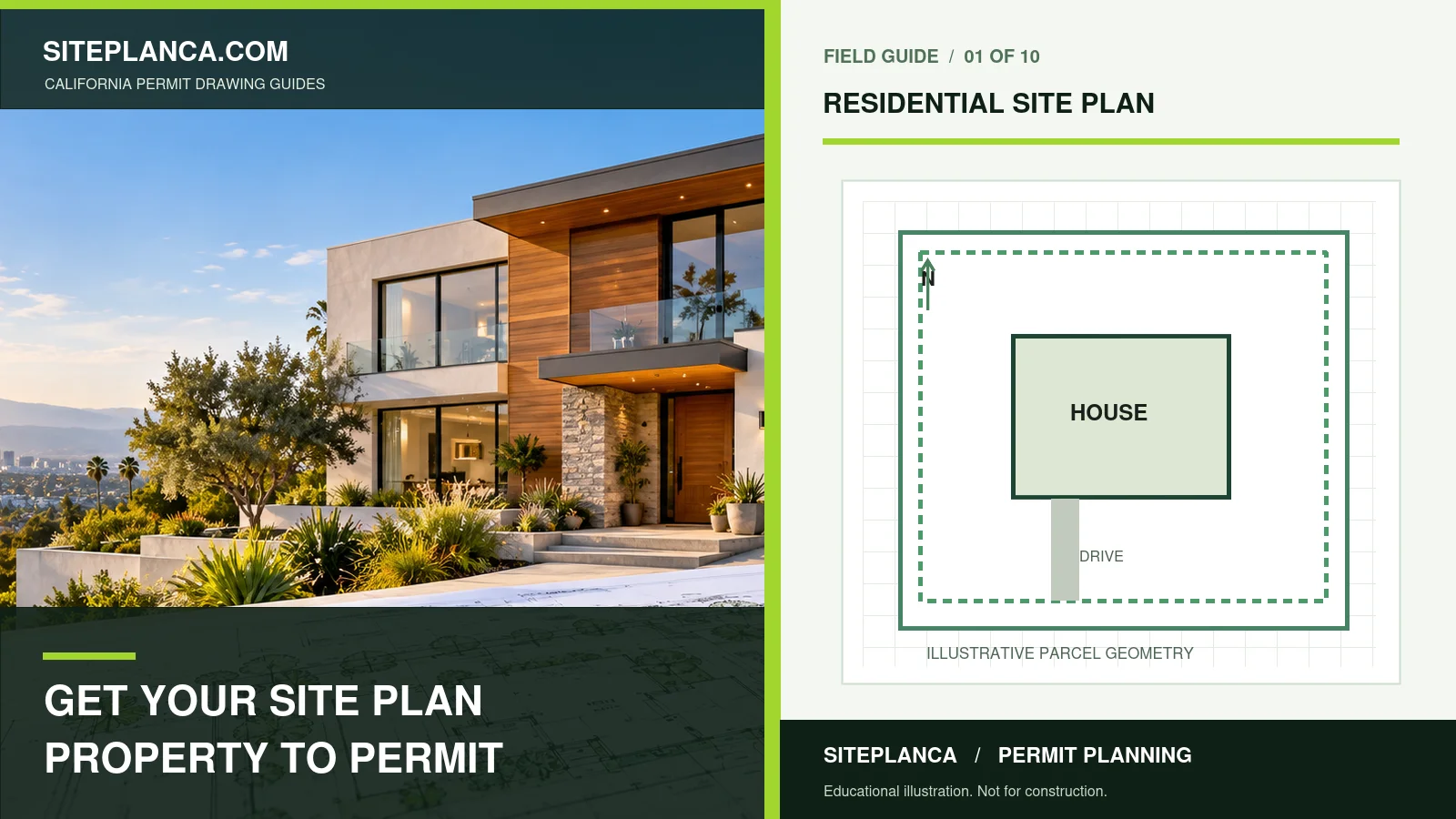 Original SitePlanCA illustration of a California house beside a conceptual site plan showing parcel boundaries, a house footprint, driveway and north arrow; example only, not a survey.