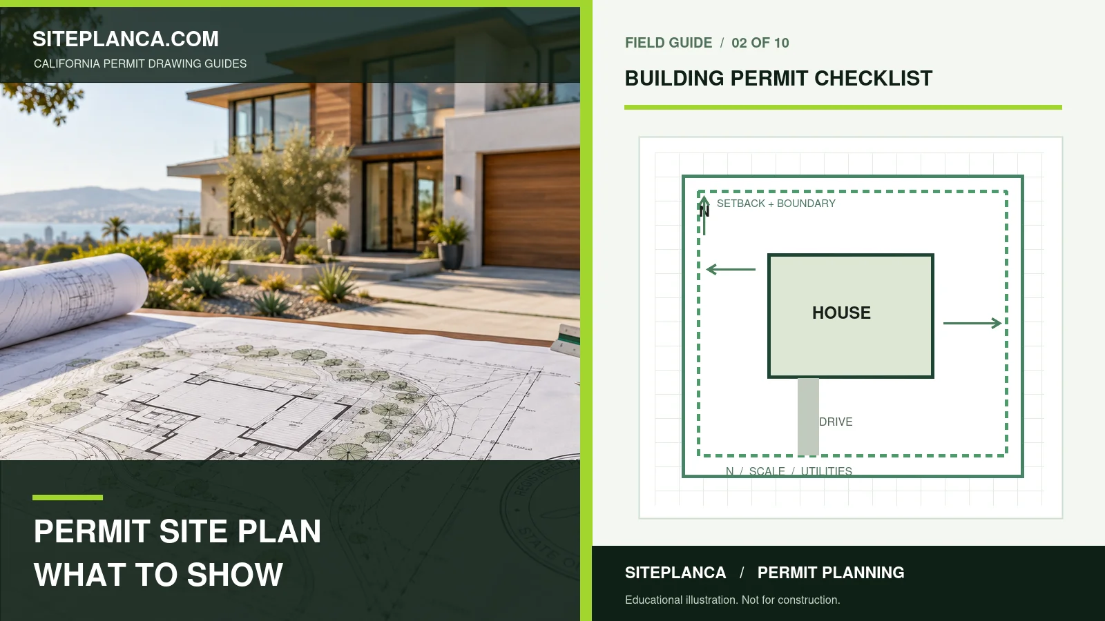 Original illustrated California permit-site-plan checklist showing a house on a lot with parcel boundaries, driveway, north indicator and setback review annotations; educational example, not a surveyed design.