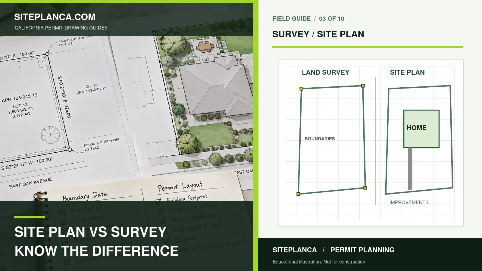 Side-by-side conceptual boundary survey and California site plan illustration identifying surveyed parcel corners versus proposed buildings and site improvements; not a legal survey.