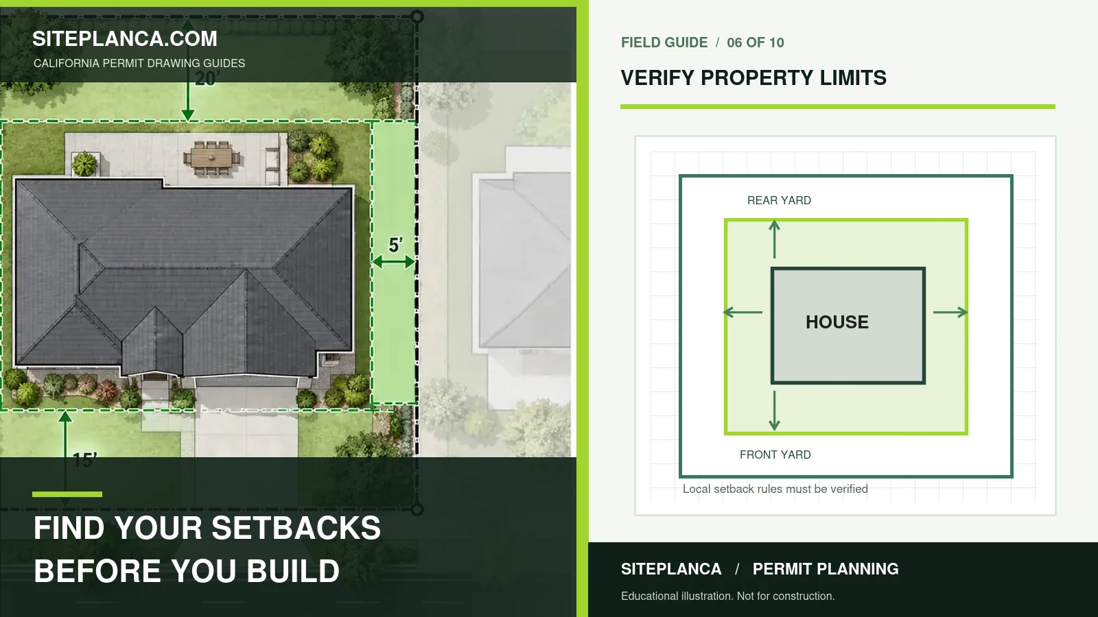New SitePlanCA California setback research illustration showing property boundary, residential building, front/rear/side setback zones and verification notes; local rules vary.