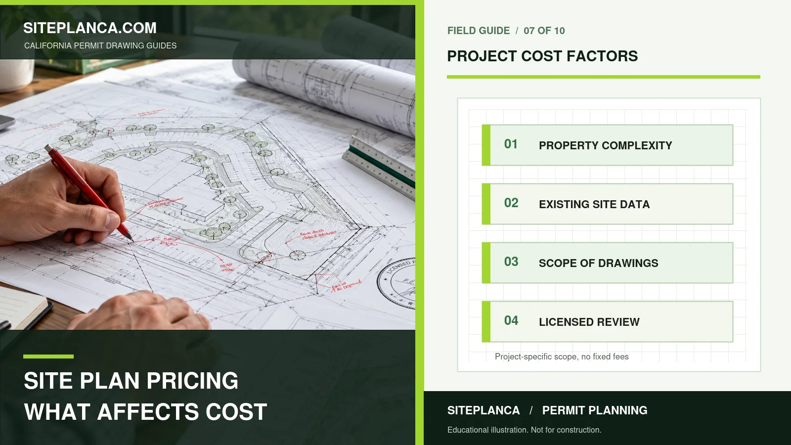Original California site-plan pricing illustration showing four scope factors: property complexity, available site information, drafting work and any licensed professional review; no fixed fees assumed.