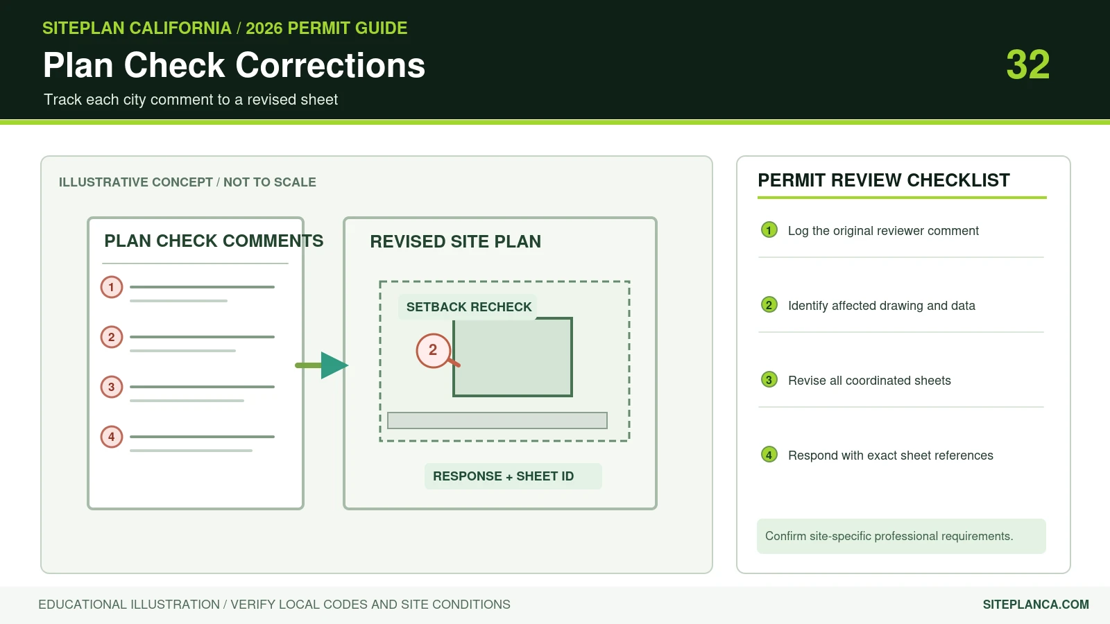 Plan check correction workflow showing numbered city reviewer comments, a revised building site plan, highlighted dimension changes, and a response letter tied to drawing references.