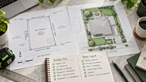 Site plan vs property survey comparison — illustrative California site-plan and property-survey comparison (not a certified survey)
